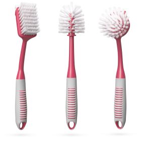 Red Dish Brush Set of 3 with Bottle Water Brush Dish Scrub Brush and Scrubber Brush for Kitchen Ergonomic Non Slip Long Handle