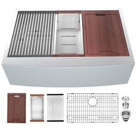 Farmhouse Kitchen Sink Apron Front Ledge Workstation Deep Single Bowl 16 Gauge Stainless Steel Sink with Drainer (size: 33*22*10)